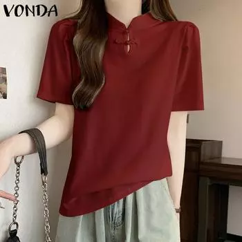 VONDA Женская повседневная однотонная свободная блузка с воротником-стойкой и коротким рукавом