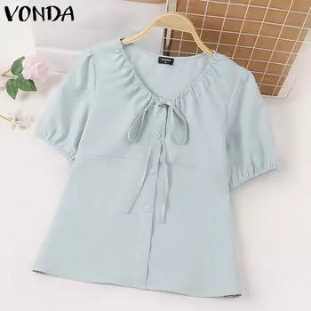 VONDA Женская повседневная однотонная свободная блузка с круглым вырезом и коротким рукавом