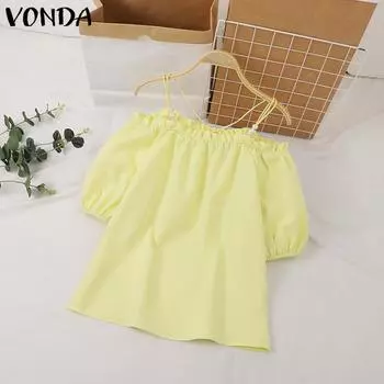 VONDA Женская повседневная однотонная свободная блузка с воротником-лодочкой и коротким рукавом