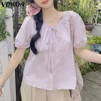 VONDA Женская повседневная однотонная свободная блузка с круглым вырезом и коротким рукавом M жёлтый