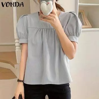 VONDA Женская повседневная однотонная свободная блузка с квадратным вырезом и короткими рукавами L синий