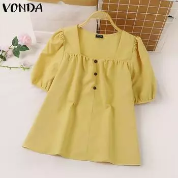 VONDA Женская повседневная однотонная свободная блузка с квадратным вырезом и короткими рукавами