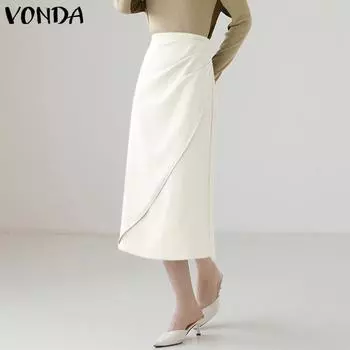 VONDA женская повседневная однотонная свободная плиссированная прямая юбка с высокой талией 3XL зелёный