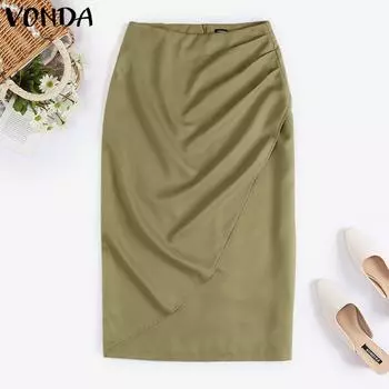 VONDA женская повседневная однотонная свободная плиссированная прямая лоскутная юбка с высокой талией 3XL зелёный