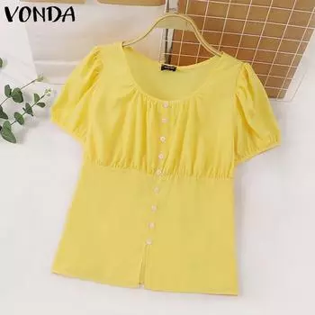 VONDA Женская повседневная плиссированная однотонная свободная блузка с круглым вырезом и короткими рукавами L жёлтый
