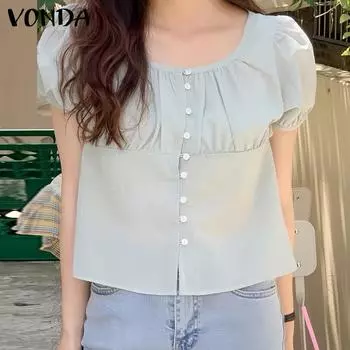 VONDA Женская повседневная плиссированная однотонная свободная блузка с круглым вырезом и короткими рукавами L жёлтый