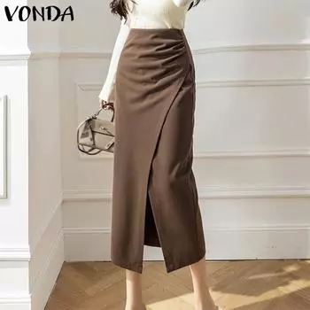 VONDA Женская повседневная плиссированная однотонная свободная юбка с высокой талией и разрезом 5XL зелёный