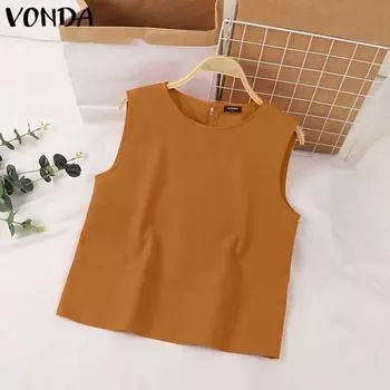 VONDA Женская повседневная свободная блузка без рукавов с круглым вырезом и сплошным цветом 2XL оранжевый