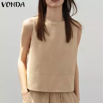 VONDA Женская повседневная свободная блузка без рукавов с круглым вырезом и сплошным цветом