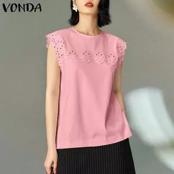 VONDA Женская повседневная свободная блузка без рукавов с круглым вырезом и цветочным принтом