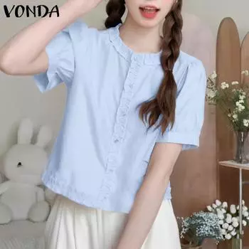 VONDA Женская повседневная свободная блузка с круглым вырезом и короткими рукавами