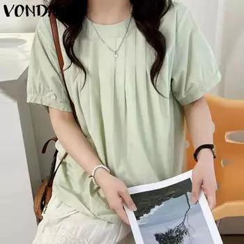 VONDA Женская повседневная свободная блузка с круглым вырезом и коротким рукавом в полоску