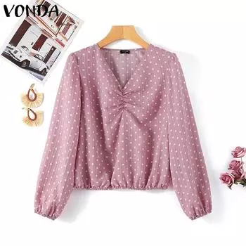 VONDA Женская повседневная свободная блузка с v-образным вырезом и длинным рукавом в горошек