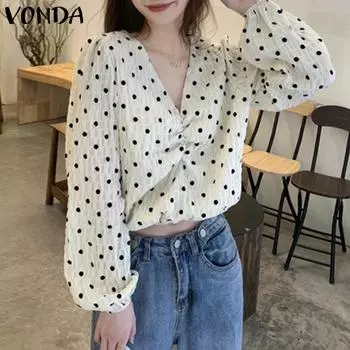 VONDA Женская повседневная свободная блузка с v-образным вырезом и длинным рукавом в горошек