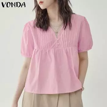 VONDA Женская повседневная свободная блузка с v-образным вырезом и коротким рукавом в полоску