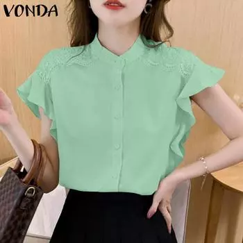 VONDA Женская повседневная свободная блузка с воротником-стойкой и коротким рукавом из кружева