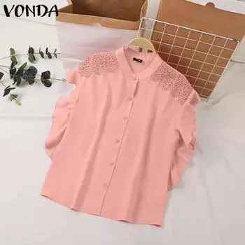 VONDA Женская повседневная свободная блузка с воротником-стойкой и коротким рукавом из кружева