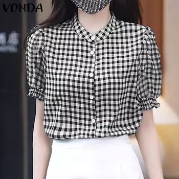 VONDA Женская повседневная свободная блузка в клетку с коротким рукавом и воротником-стойкой