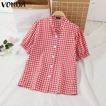 VONDA Женская повседневная свободная блузка в клетку с коротким рукавом и воротником-стойкой S красный