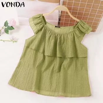 VONDA Женская повседневная Свободная клетчатая блузка с круглым вырезом и рукавами с рюшами