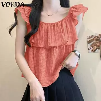 VONDA Женская повседневная Свободная клетчатая блузка с круглым вырезом и рукавами с рюшами
