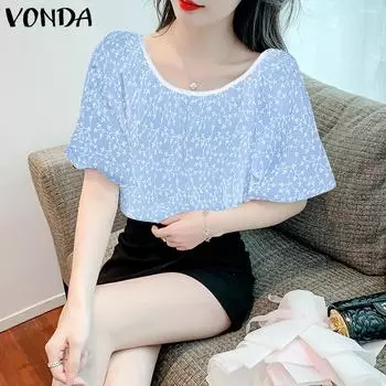 VONDA Женская прямая повседневная блузка с круглым вырезом и рукавами-фонариками
