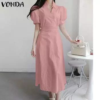 VONDA женская рубашка с круглым вырезом и рукавами-пузырьками, сплошной цвет, повседневные платья средней длины с талией и талией