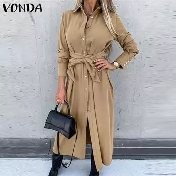 VONDA женская рубашка с воротником и длинными рукавами, пуговицы на талии, однотонное свободное длинное пальто