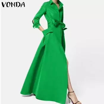 VONDA женская рубашка с воротником и длинными рукавами, сборная талия, манжеты, завязка на пуговицах, однотонные длинные платья