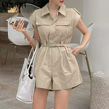 VONDA женская рубашка с воротником и карманами без рукавов, свободный комбинезон с завязками на талии