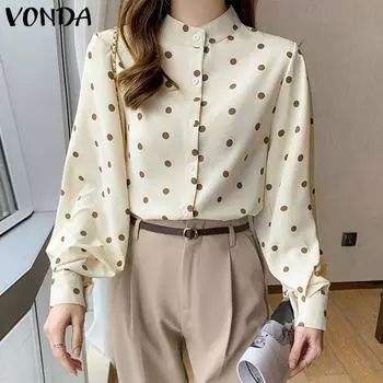 VONDA женская рубашка с воротником из натуральной планки с длинными рукавами и пуговицами в горошек, повседневная рубашка