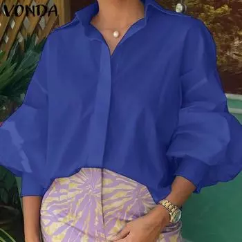VONDA женская рубашка с воротником-пузырем и длинными рукавами и пуговицами, однотонная свободная рубашка