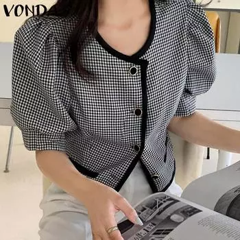 VONDA Женская сорочка с круглым вырезом и короткими рукавами-фонариками в клетку