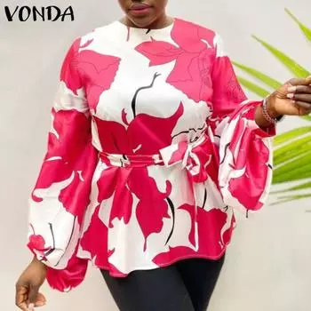 VONDA женская свободная блузка больших размеров с круглым вырезом и длинными рукавами на поясе с цветочным принтом XL оранжевый