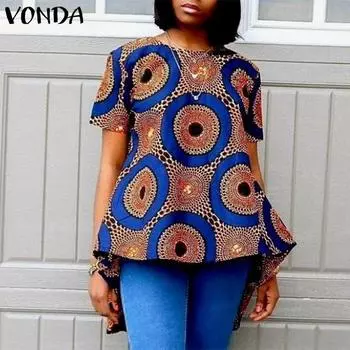 VONDA женская свободная блузка большого размера с круглым вырезом и короткими рукавами с геометрическим узором и принтом M синий