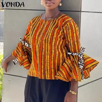 VONDA женская свободная блузка большого размера с круглым вырезом 3/4 и рукавами-колокольчиками с геометрическим узором и принтом контрастного цвета 2XL оранжевый