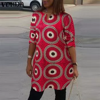 VONDA женская свободная длинная блузка с круглым вырезом и рукавами 3/4 в стиле ретро с геометрическим принтом S ярко-розовый