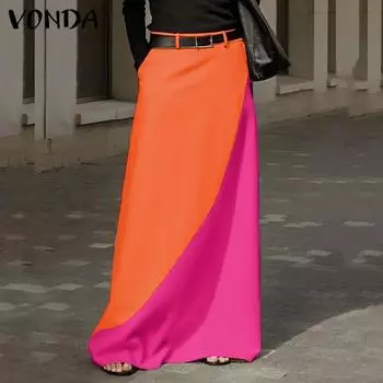 VONDA женская свободная повседневная юбка до пола с цветными блоками и сборкой на талии длиной до пола
