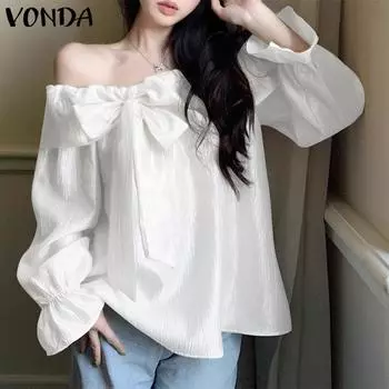 VONDA Женские элегантные атласные рубашки с открытыми плечами и длинным рукавом S белый