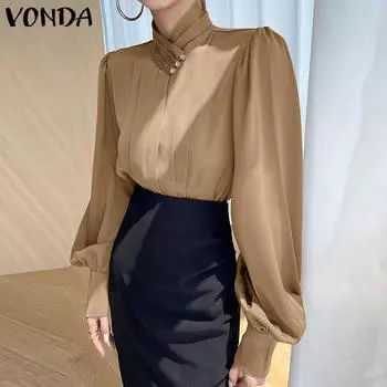 VONDA Женские элегантные блузки с воротником-стойкой с жемчугом и длинными рукавами в полоску и плиссировкой S чёрный