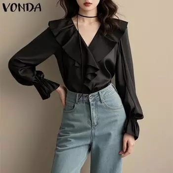 VONDA Женские элегантные однотонные блузки с длинным рукавом и оборками 2XL чёрный