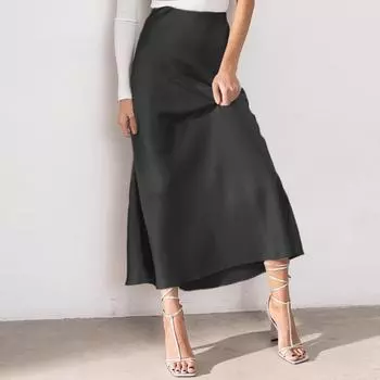VONDA Женские элегантные однотонные облегающие длинные юбки из атласа с высокой талией и оборками по подолу M чёрный