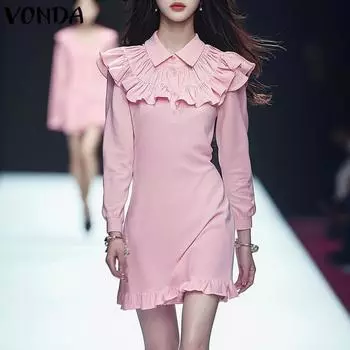 VONDA Женские элегантные однотонные платья с длинным рукавом и оборками на лацканах S жёлтый