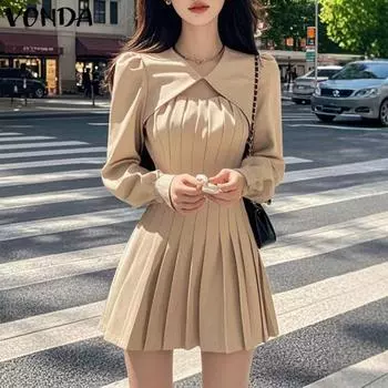 VONDA Женские элегантные однотонные платья с V-образным вырезом и длинным рукавом в складку S чёрный