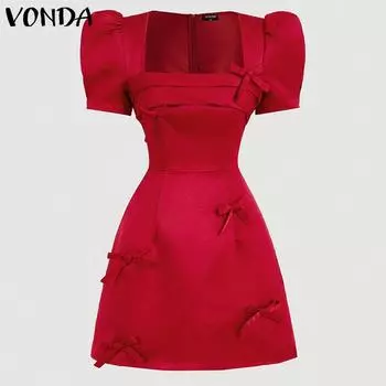 VONDA Женские элегантные платья А-силуэта с квадратным вырезом и узлом на талии S красный