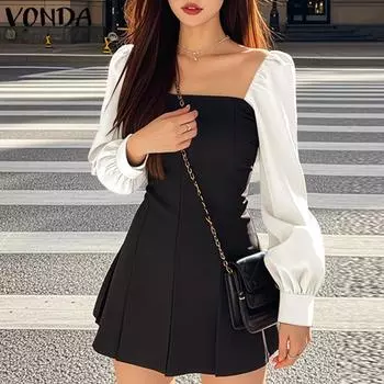 VONDA Женские элегантные платья А-силуэта с квадратным вырезом и длинным рукавом L чёрный