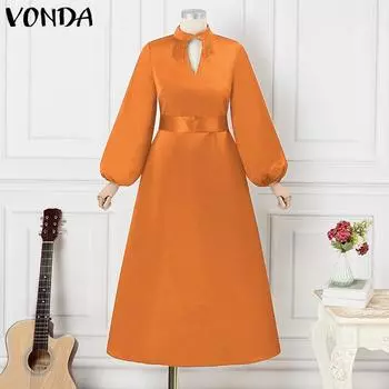 VONDA Женские элегантные платья большого размера с лацканами и длинными рукавами, свадебные платья с завязками на талии, однотонные платья