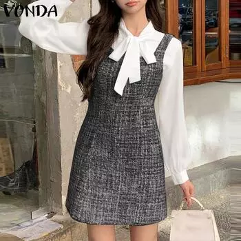 VONDA Женские элегантные платья из двух частей с принтом и длинными рукавами и завязкой на шее 4XL розовый