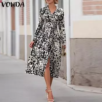 VONDA Женские элегантные платья-рубашки с длинным рукавом и разрезом S чёрный