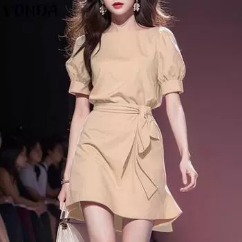 VONDA Женские элегантные платья с круглым вырезом и коротким рукавом-фонариком S хаки